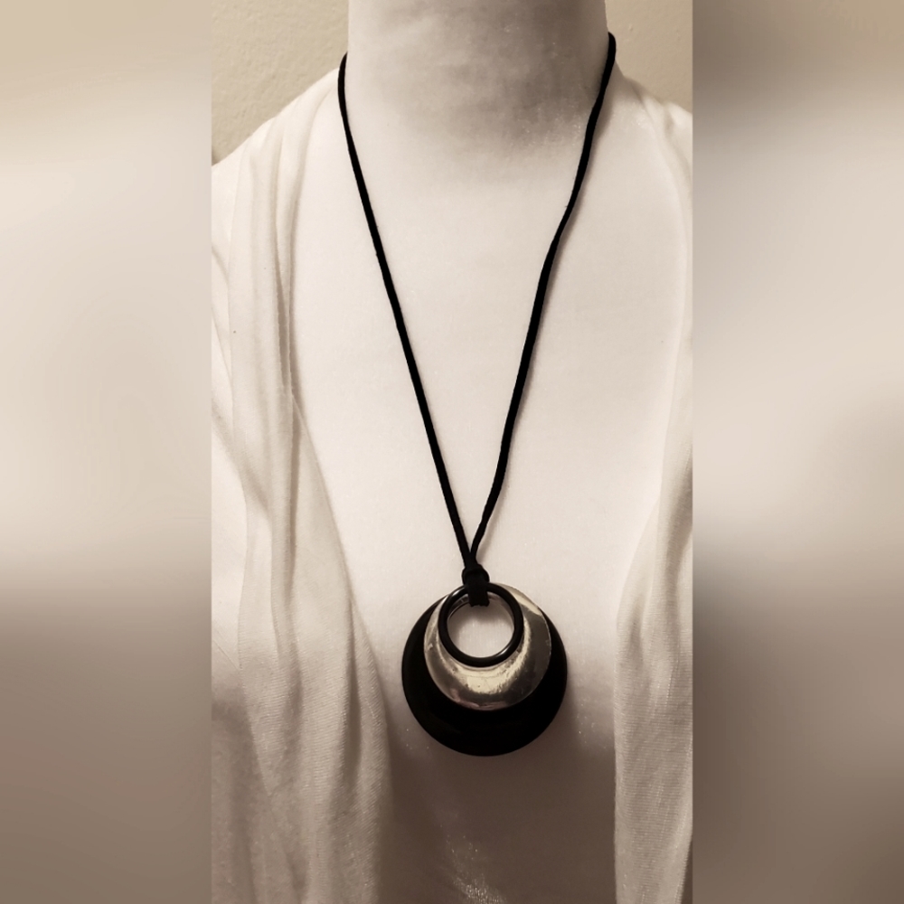 Silky Cloth Silver and Black Pendant Necklace